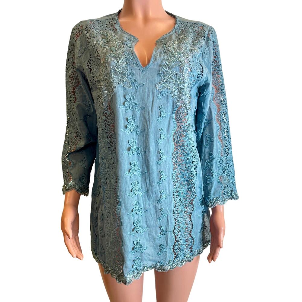 Antica Sartoria By Giacomo Cinque Tunic Top One Size Blue Sequin Lace Blouse